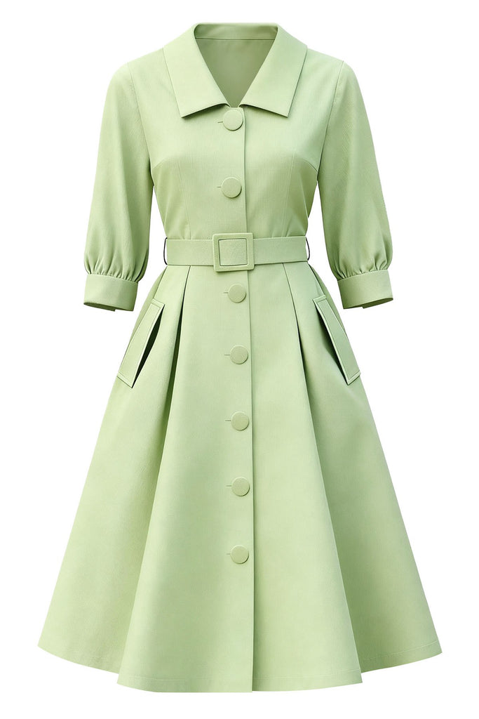 [Pre-Sale] Chartreuse 1950s Solid Three-Quater Sleeve Buttoned Dress