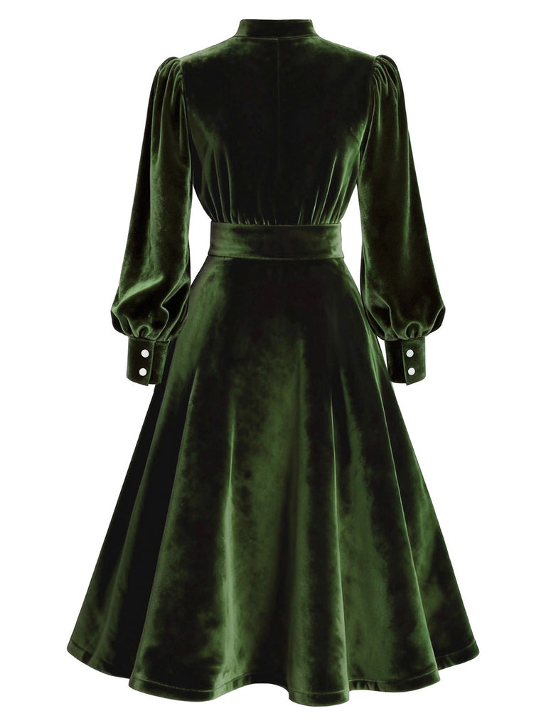 [Pre-Sale] Green 1950s Keyhole V-Neck Pearl Velvet Dress