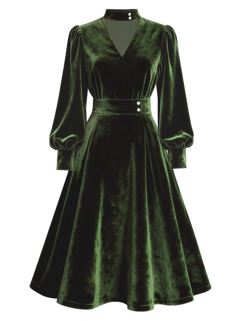 [Pre-Sale] Green 1950s Keyhole V-Neck Pearl Velvet Dress