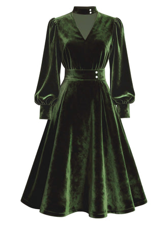 [Pre-Sale] Green 1950s Keyhole V-Neck Pearl Velvet Dress