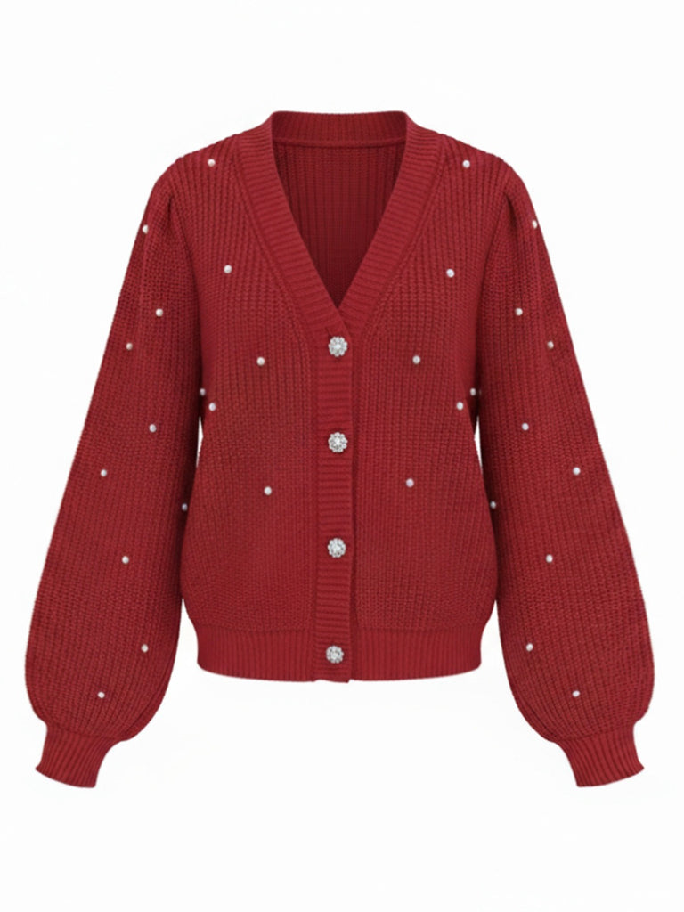 Red 1950s Solid Pearl Beading Loose Knit Cardigan