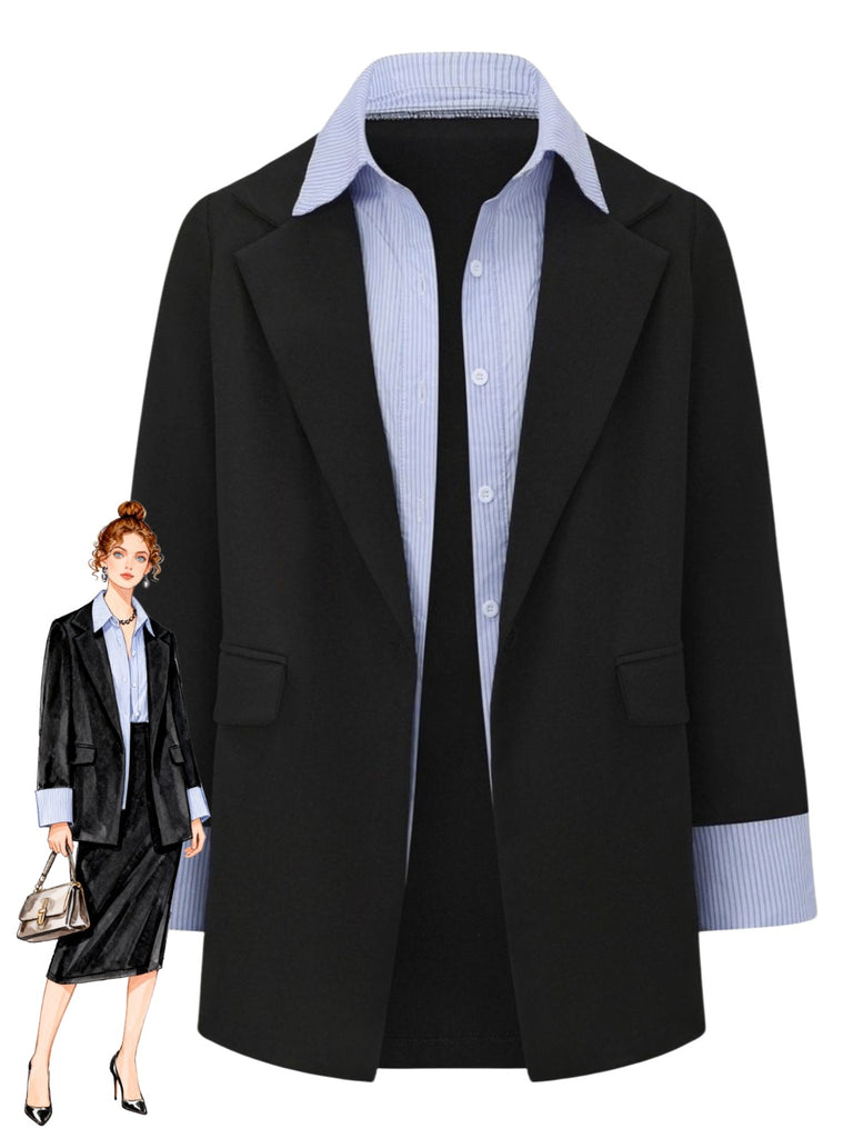 Black 1950s Striped Lapel Faux Two-Piece Blazer