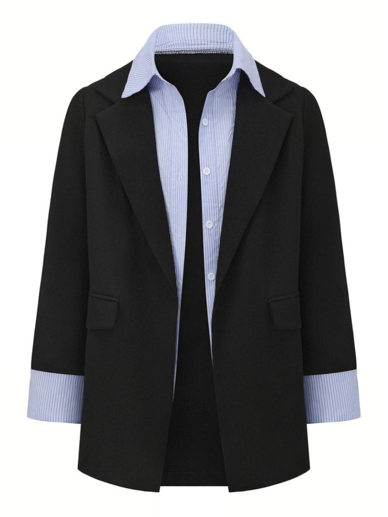 Black 1950s Striped Lapel Faux Two-Piece Blazer