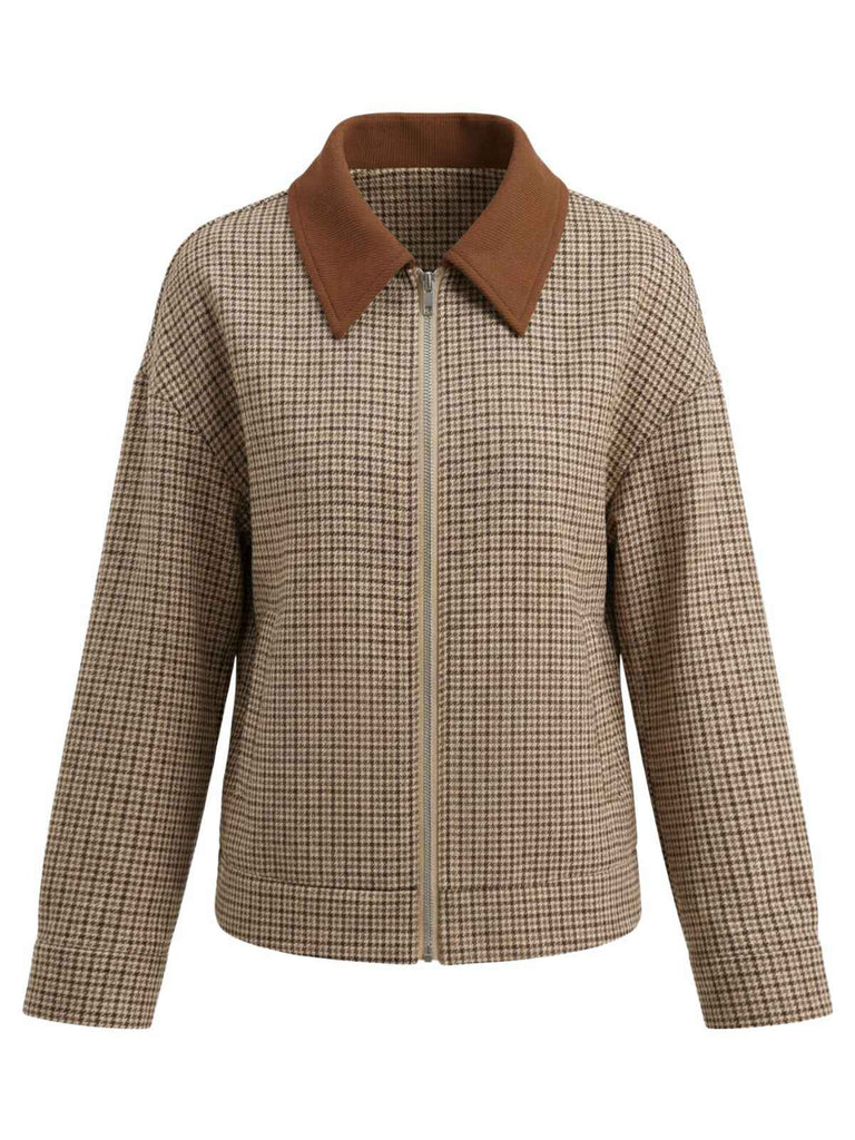 Brown 1950s Lapel Plaid Zipper Jacket