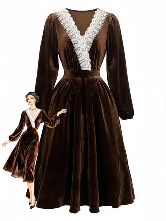 Brown 1940s Solid Lace Patchwork Velvet Dress