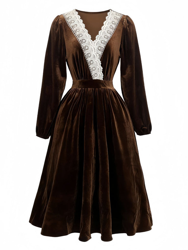 Brown 1940s Solid Lace Patchwork Velvet Dress