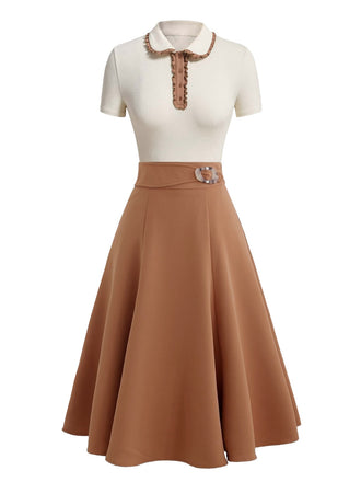 [Pre-Sale] Khaki 1950s Lapel Knitted Patchwork Dress