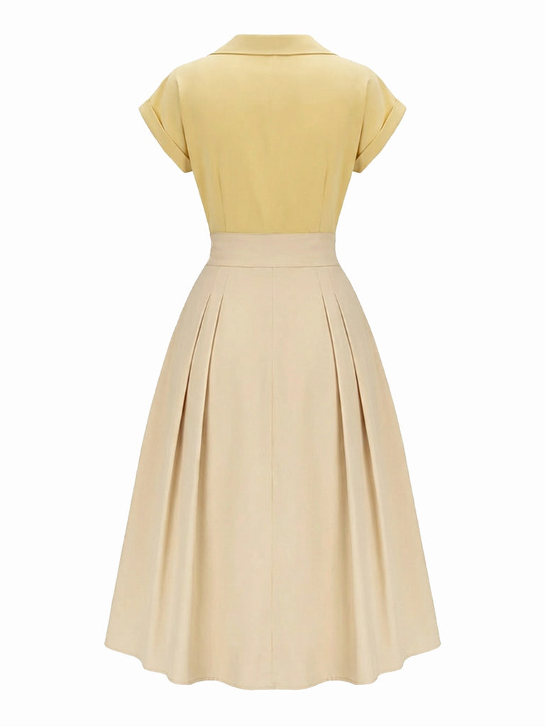 [Pre-Sale] Yellow 1950s Johnny Collar Pleated Patchwork Cotton Dress