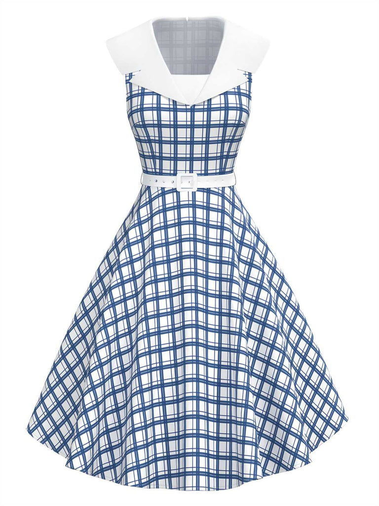 [Pre-Sale] Blue 1950s Sailor Collar Plaid Sleeveless Belted Dress