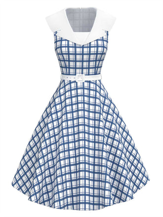 [Pre-Sale] Blue 1950s Sailor Collar Plaid Sleeveless Belted Dress