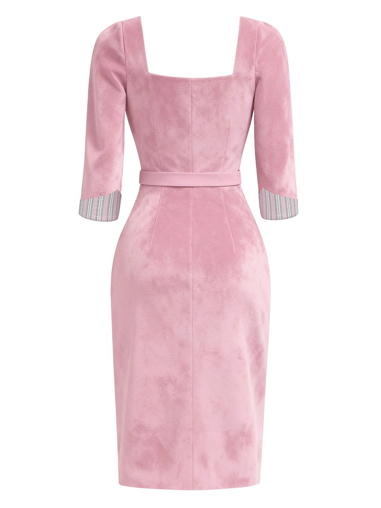 [Pre-Sale] Pink 1960s Suede Square Neck Bodycon Dress