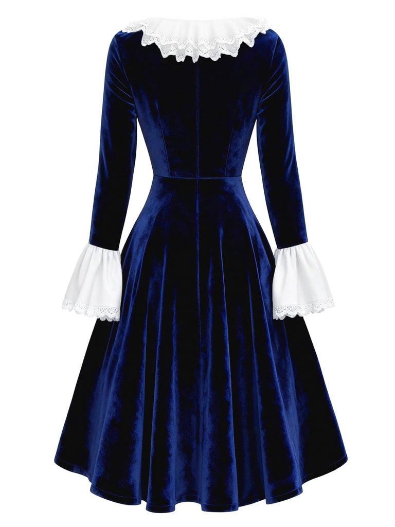 [Pre-Sale] Royal Blue 1940s Velvet V-Neck Lace Bow Dress