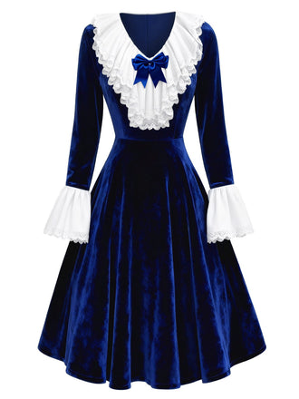 [Pre-Sale] Royal Blue 1940s Velvet V-Neck Lace Bow Dress