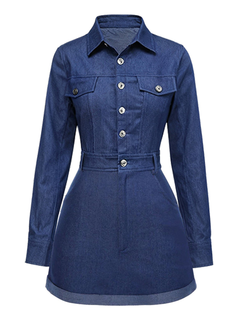 [Pre-Sale] Dark Blue 1940s Cotton Denim A-Line Dress