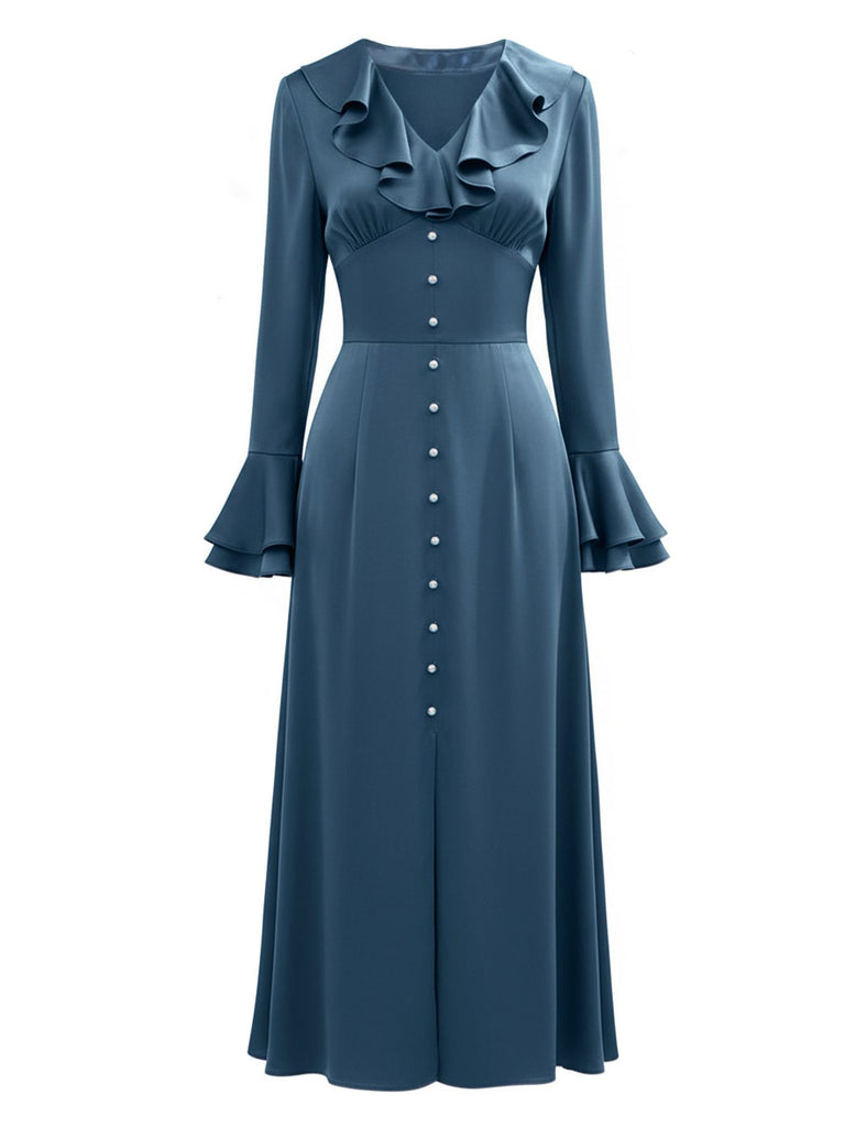 Blue-Gray 1940s Button Satin Split Dress