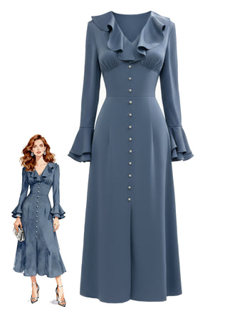 [Pre-Sale] Blue-Gray 1940s Button Satin Split Dress