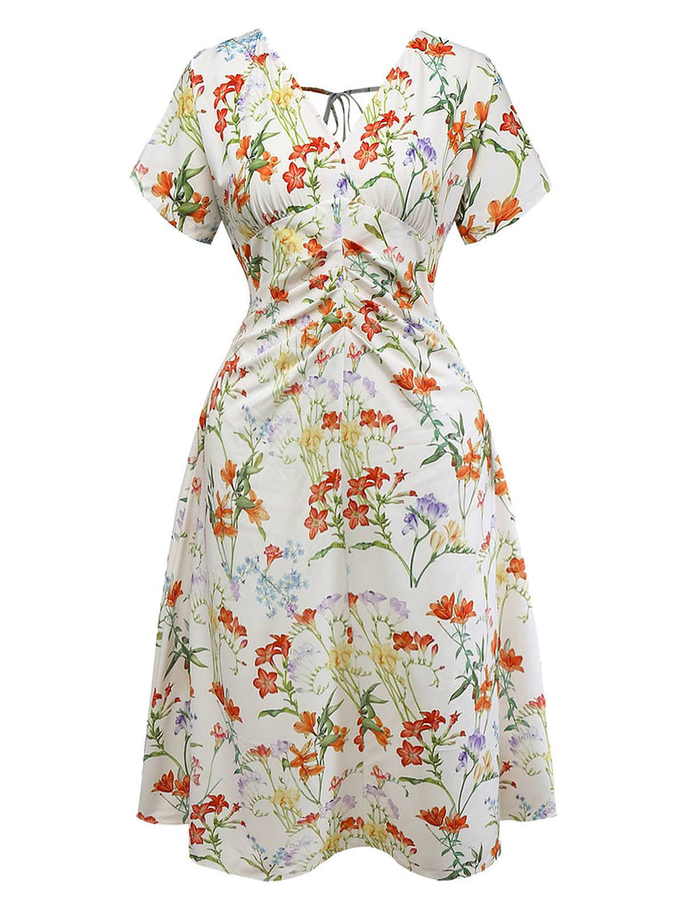 [Pre-Sale] [Plus Size] White 1930s V-Neck Floral Ruched Dress