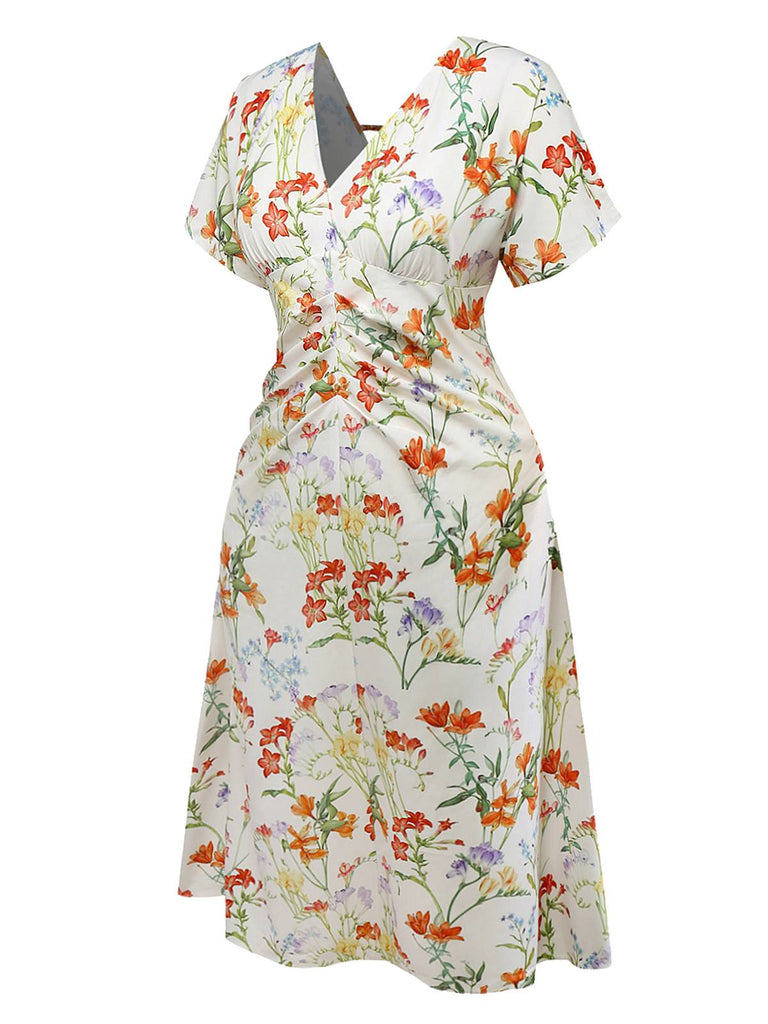 [Pre-Sale] [Plus Size] White 1930s V-Neck Floral Ruched Dress