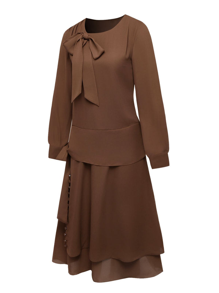 [Pre-Sale] Brown 1920s Bow Tie Belted Waist Dress