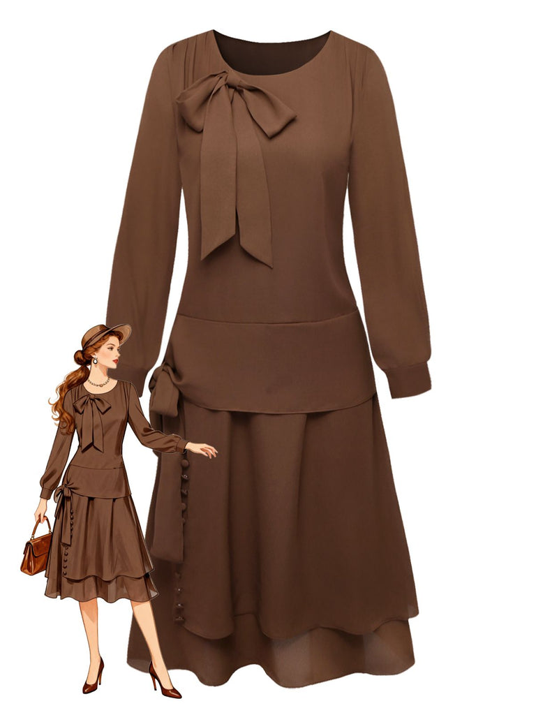 [Pre-Sale] Brown 1920s Bow Tie Belted Waist Dress