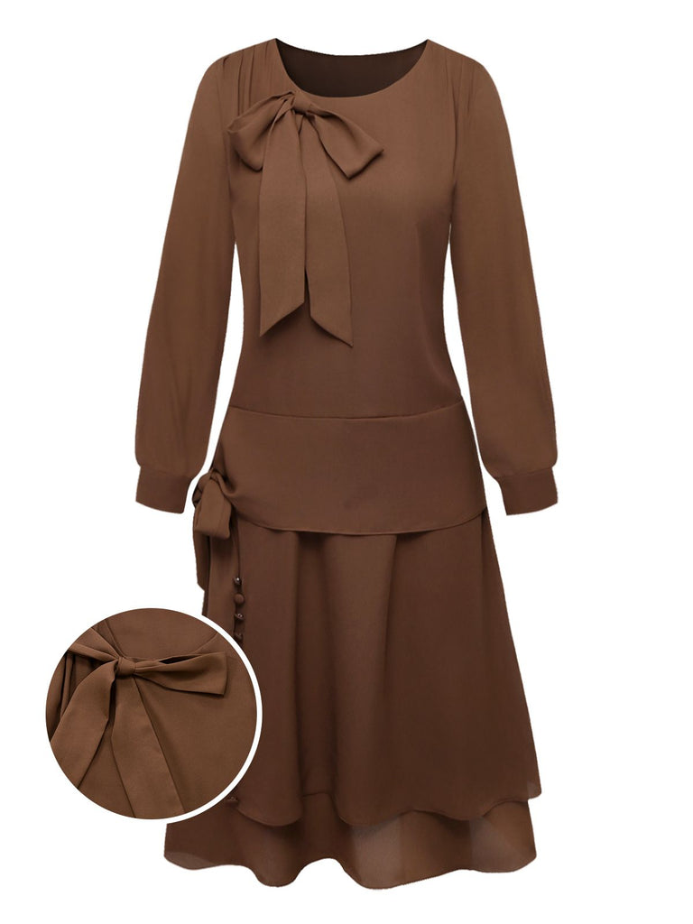 [Pre-Sale] Brown 1920s Bow Tie Belted Waist Dress