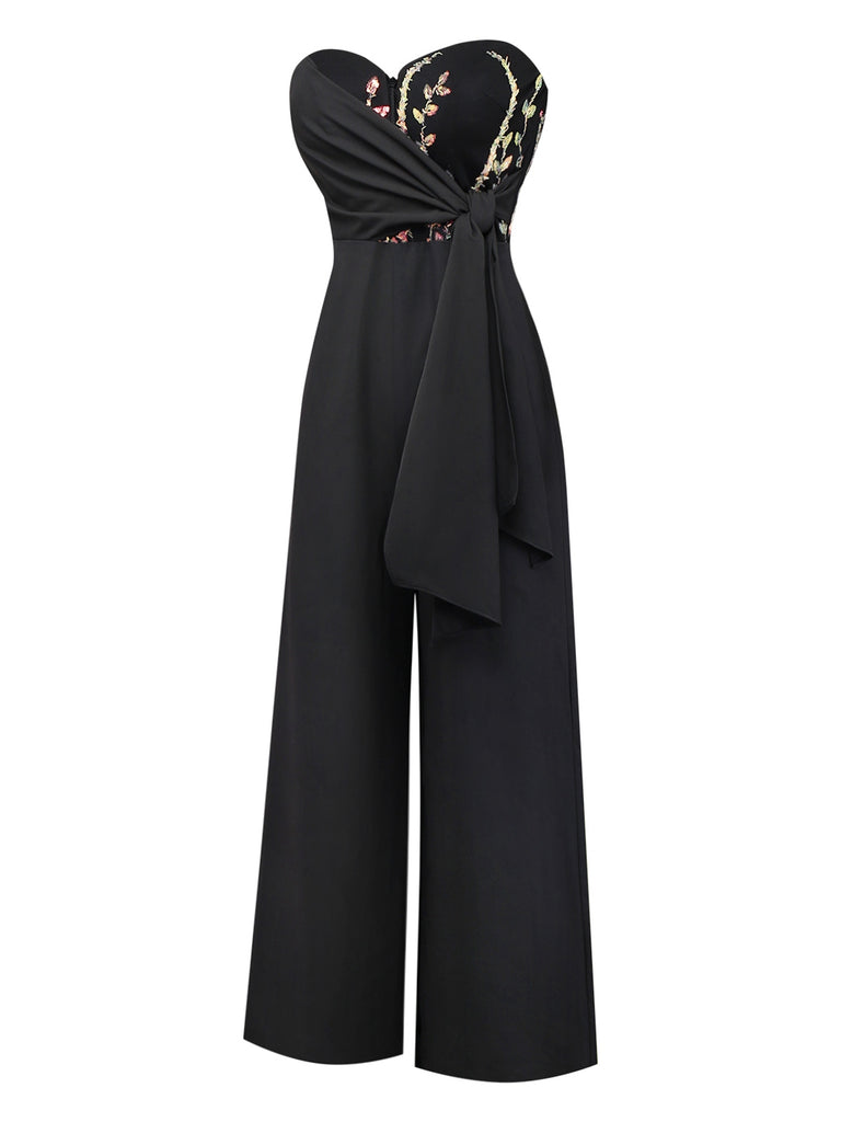 [Pre-Sale] Black 1960s Embroidered Floral Tie-Up Strapless Jumpsuit