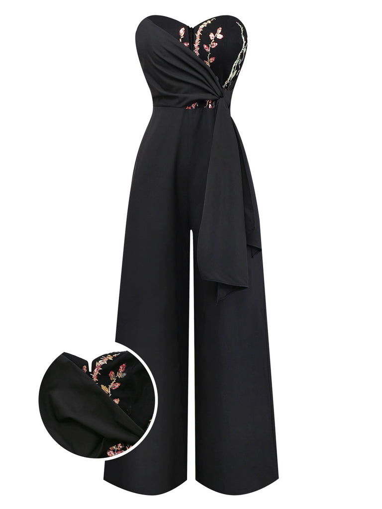 [Pre-Sale] Black 1960s Embroidered Floral Tie-Up Strapless Jumpsuit