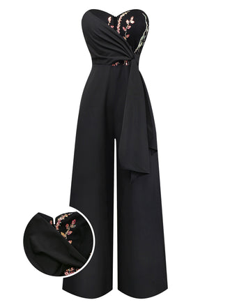 [Pre-Sale] Black 1960s Embroidered Floral Tie-Up Strapless Jumpsuit
