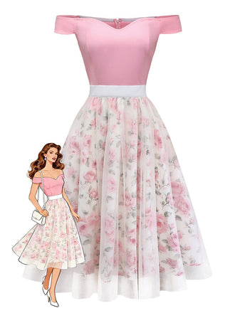 [Pre-Sale] Pink 1950s Sweetheart Rose Mesh Off-Shoulder Dress