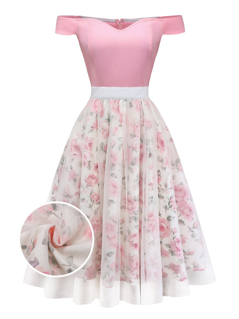 [Pre-Sale] Pink 1950s Sweetheart Rose Mesh Off-Shoulder Dress