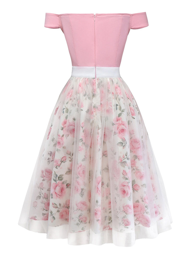 [Pre-Sale] Pink 1950s Sweetheart Rose Mesh Off-Shoulder Dress