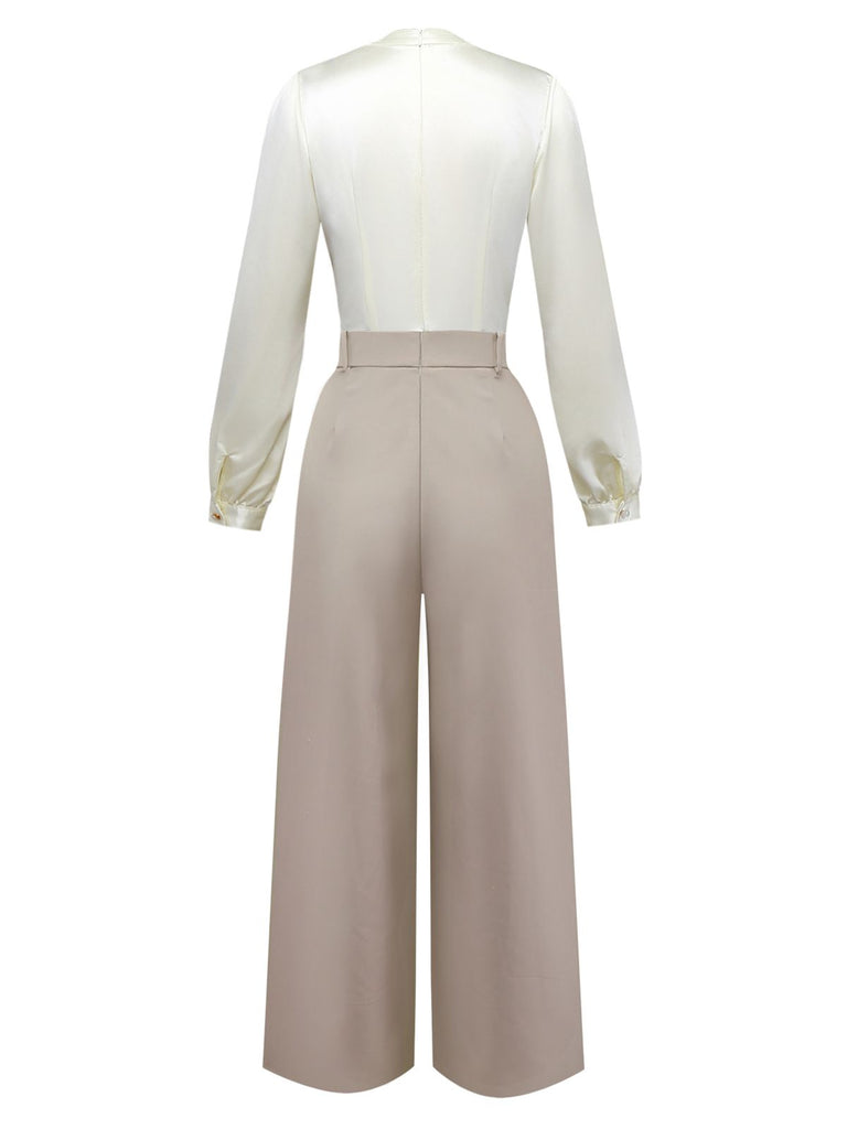 [Pre-Sale] Khaki 1960s Bow Collar Patchwork Jumpsuit