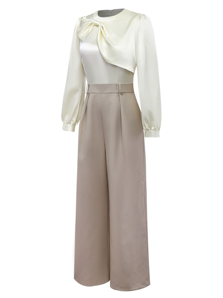 [Pre-Sale] Khaki 1960s Bow Collar Patchwork Jumpsuit