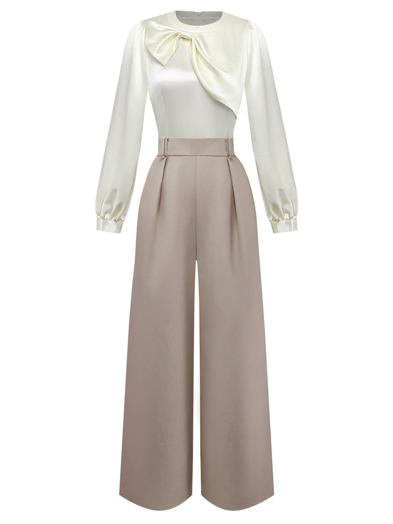 [Pre-Sale] Khaki 1960s Bow Collar Patchwork Jumpsuit