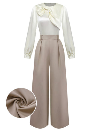 [Pre-Sale] Khaki 1960s Bow Collar Patchwork Jumpsuit