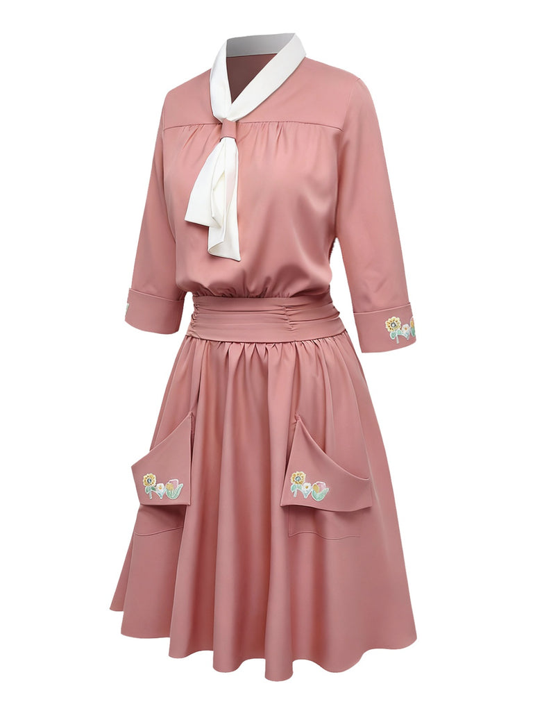 [Pre-Sale] Pink 1920s Tie Neck Embroidery Large Pockets Dress