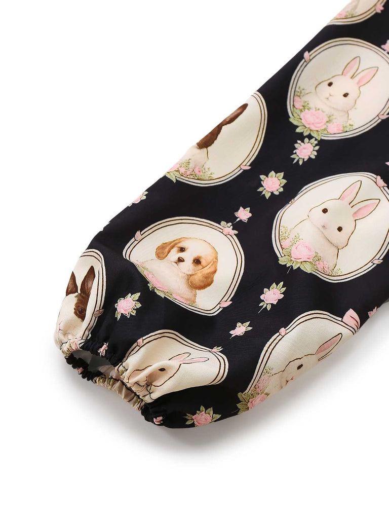 [Pre-Sale] Black 1950s Boat Neck Bunny Puppy Print Dress