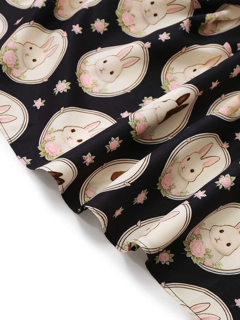 [Pre-Sale] Black 1950s Boat Neck Bunny Puppy Print Dress