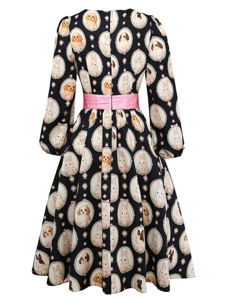 [Pre-Sale] Black 1950s Boat Neck Bunny Puppy Print Dress