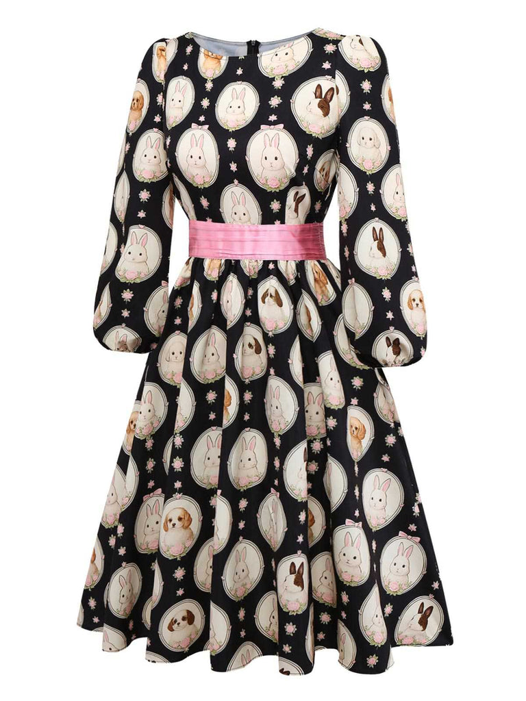 [Pre-Sale] Black 1950s Boat Neck Bunny Puppy Print Dress