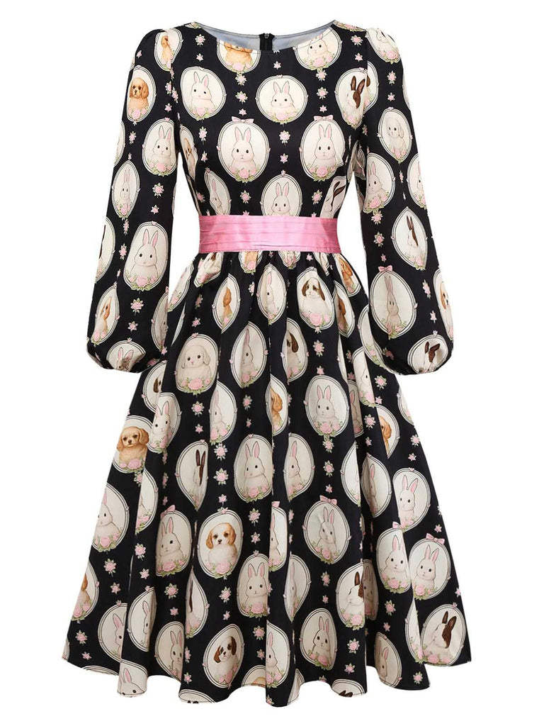 [Pre-Sale] Black 1950s Boat Neck Bunny Puppy Print Dress