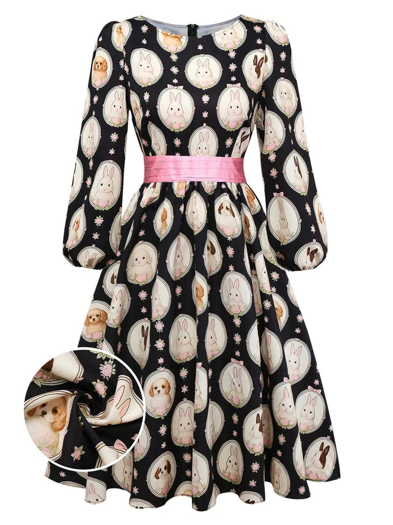 [Pre-Sale] Black 1950s Boat Neck Bunny Puppy Print Dress