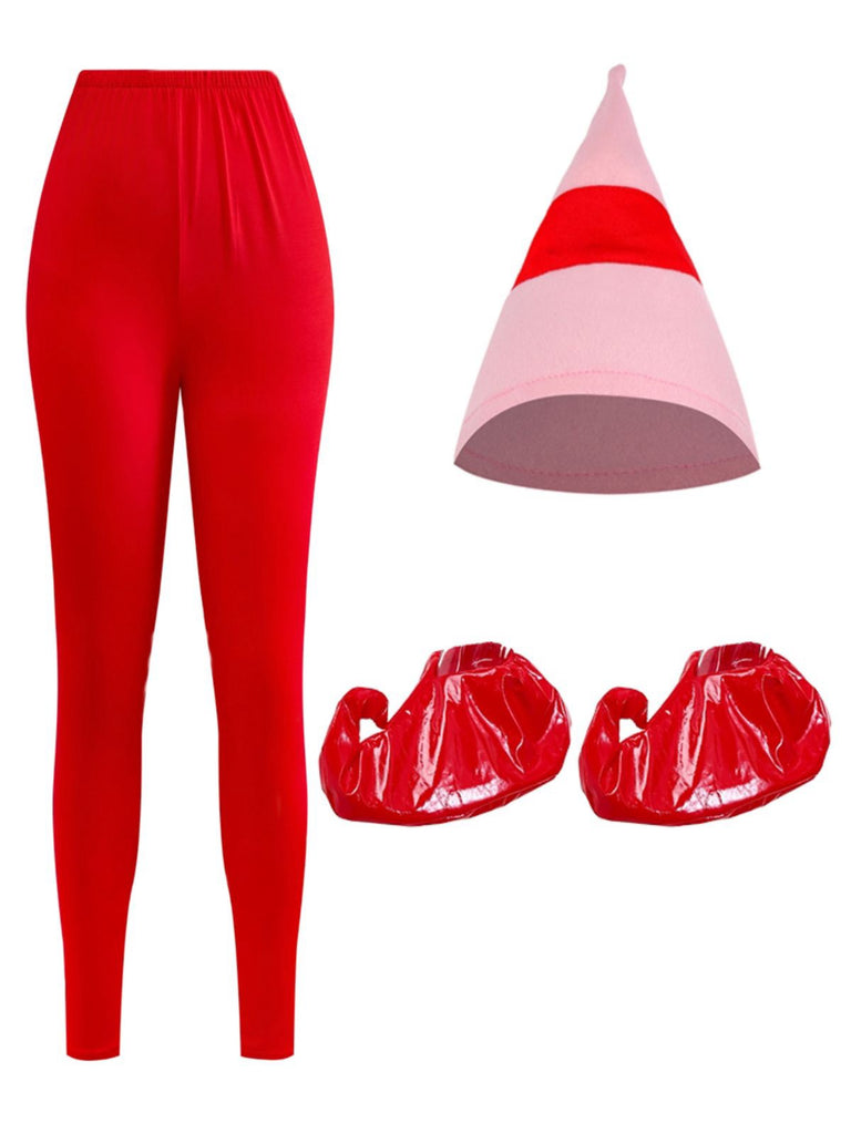 Pink 1950s Christmas Elf Plush-Edged Dress Set