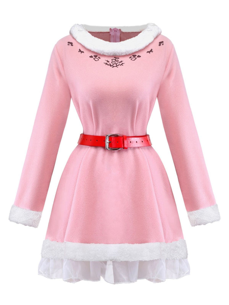 Pink 1950s Christmas Elf Plush-Edged Dress Set