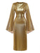 Gold Foil 1970s Batwing Sleeve Waist Ruched Dress
