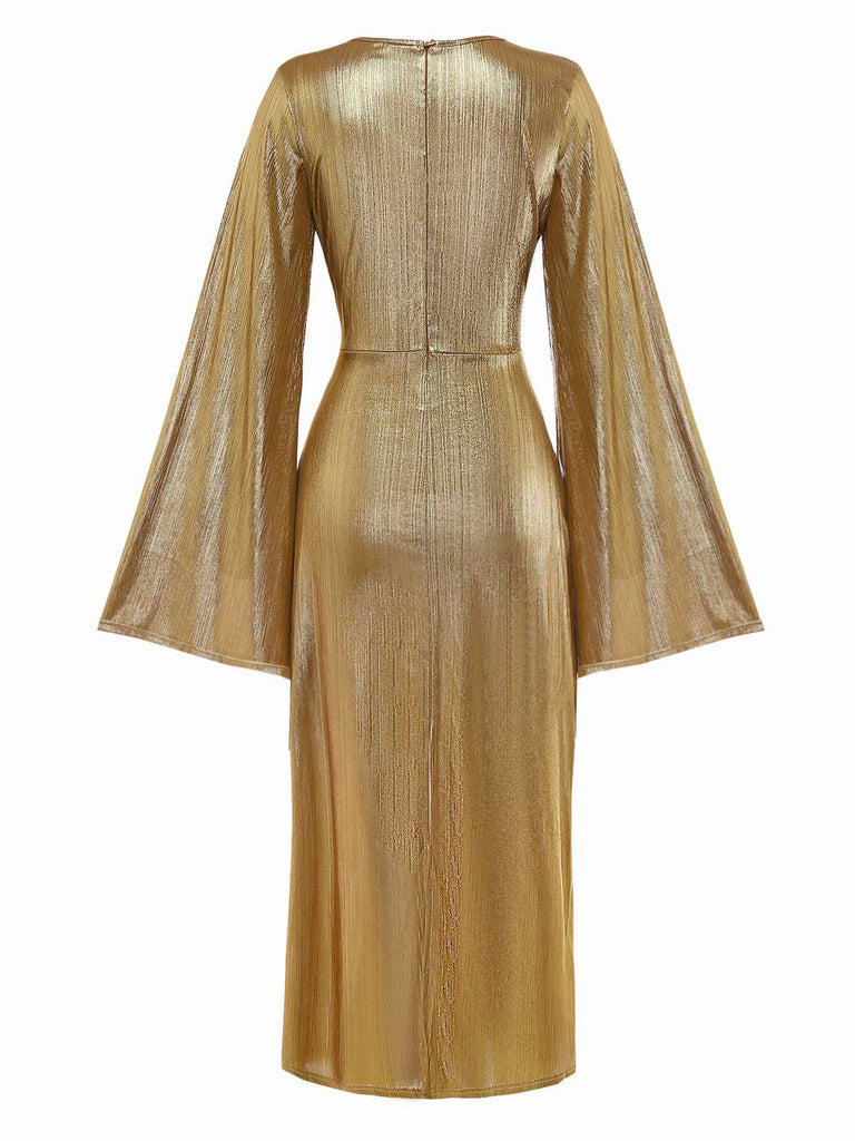 Gold Foil 1970s Batwing Sleeve Waist Ruched Dress