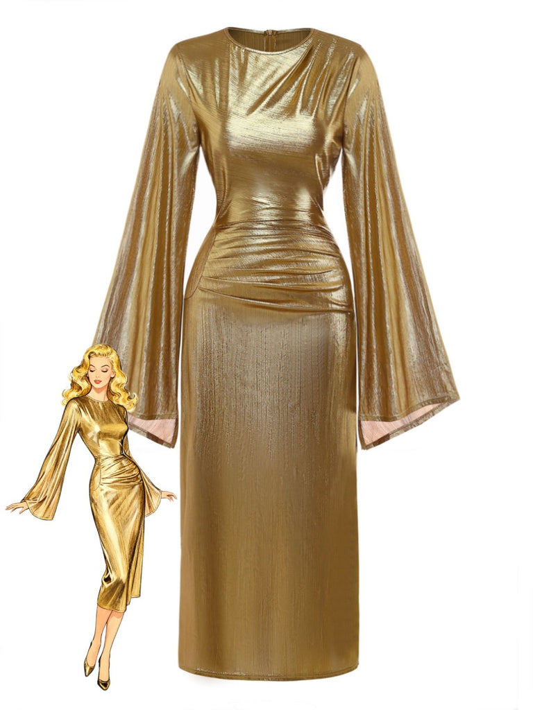 Gold Foil 1970s Batwing Sleeve Waist Ruched Dress