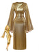 Gold Foil 1970s Batwing Sleeve Waist Ruched Dress