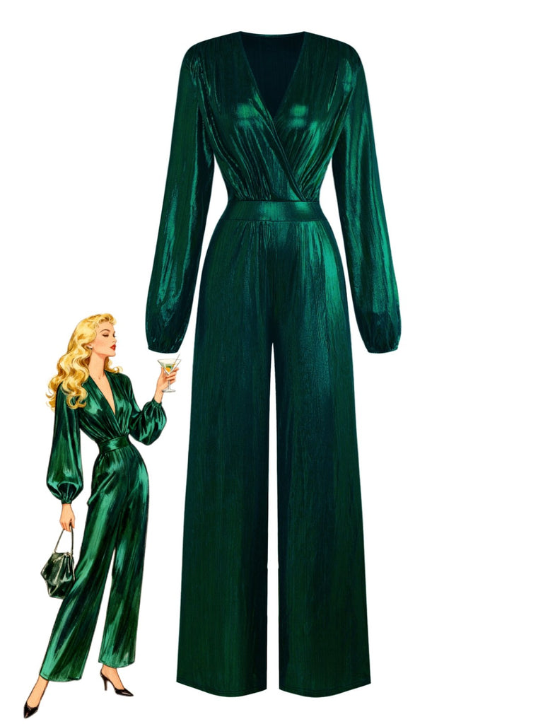 Dark Green 1930s Metallic V-Neck Lantern Sleeve Jumpsuit