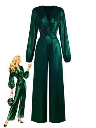 Dark Green 1930s Metallic V-Neck Lantern Sleeve Jumpsuit